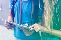 Photo Gradient Style with Couple traveling using tablet wanderlust