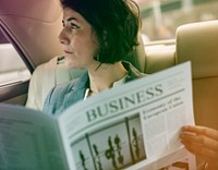 Photo Gradient Style with Businesswoman Reading Newspaper Car Inside