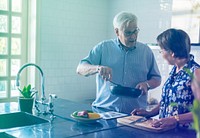 Photo Gradient Style with Senior Couple Cooking Food Kitchen