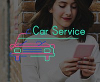 Woman Using Smart Phone Connection with Car Icon