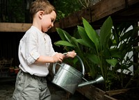 Young boy watering plants in the garden