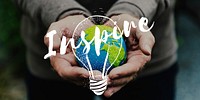 Hands Cupping Planet with Inspiration Word Light Bulb Graphic