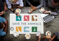 Diverse group of young people with save animals banner