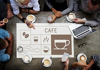 People drinking coffee with Illustration of coffee shop advertisement
