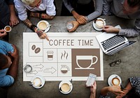 People drinking coffee with Illustration of coffee shop advertisement
