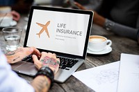 Illustration of aviation life insurance traveling trip on laptop