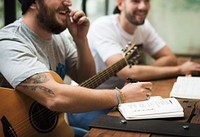 Men Play Guitar Write Song Music Reheaesal