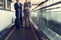 Business Men Travel Luggage Escalator Talk