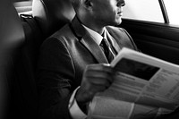 Businessman Sit Read Newspaper Inside Car