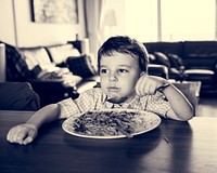 Little Boy Eating Spaghetti Pasta Breakfast Meal Food