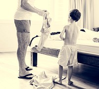 on the Bedroom Son and Dad Put on Clothes Routine Life