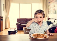 Little Boy Eating Spaghetti Pasta Breakfast Meal Food