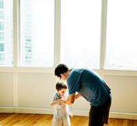 on the Bedroom Son and Dad Put on Clothes Routine Life