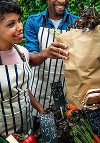 Black couple selling fresh organic vegetables at the market