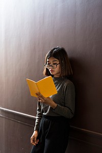Girl Glasses Standing Reading Book
