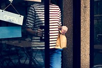 Woman shopping at cafe holiday