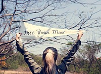 Young Woman Hands Holding Sign Said Free Your Mind