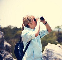 Backpack Women Traveler Journey Rock Mountain