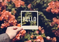 People Hand Holding Hello Photo Frame with Bougainvillea Backgro