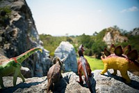 Group of dinosaur toys on a rock