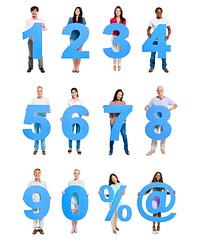 Group of People Holding Blue Numeral in a Row