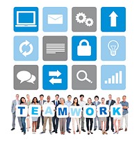 Group of Multi-Ethnic Business People Holding Letters that forms "TEAMWORK" with Computer Icons Above Them
