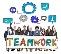 Cheerful Business People with Teamwork Text