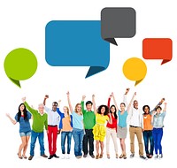 Multiethnic Group of People Arms Raised with Speech Bubbles