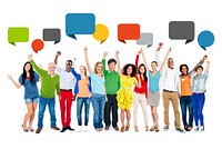 Multi-Ethnic People Arms Raised and Speech Bubble