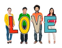 Multiethnic Group of People Holding Letter Love