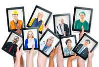 Group of Hands Holding Tablets with People's Faces