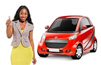 African American woman by red car