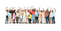 Group of diverse people with arms raised isolated on white
