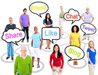 Group of multi-ethnic people in a connection themed picture with speech bubbles with social networking themed words.