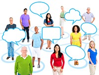 Cheerful Multi-Ethnic Group Of People Standing Individually In A Circle Which Connects To Others With Empty Speech Bubbles Above.