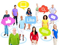 Group of multi-ethnic colorful world people with social media icons.
