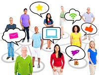 Cheerful Multi-Ethnic Group Of People Standing Individually Above Them Speech Bubbles With Symbols Of Social Networking Inside.