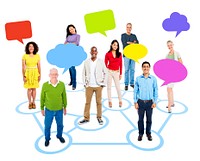 Cheerful Multi-Ethnic Group Of People Standing Individually In A Circle Which Connects To Others With Empty Multi-Colored Speech Bubbles Above.