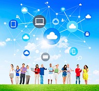 Group Of Multi-Ethnic People Social Networking And Cloud Computing Symbols Above