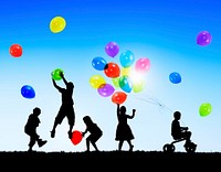 Silhouettes of Children Playing Balloons and Riding Bicycle