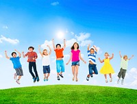 Group of Diverse Multi-Ethinc Children Jumping Outdoors