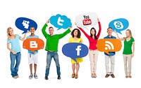 Multi-Ethnic People Holding Speech Bubbles with Social Networking Related Logos
