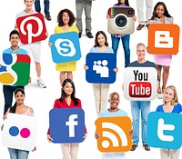 Multi-Ethnic People Holding Social Networking Related Logos