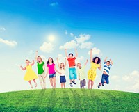Cheerful Multi-Ethnic Children and Women Outdoors Raising Arms