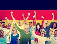 Multi-Ethnic People Arms Raised German Flag Background Concept