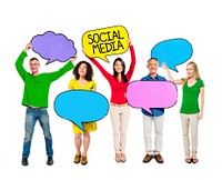 People Holding Colorful Speech Bubbles Social Media Concept