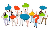People Holding Speech Bubble and Social Networking Symbols