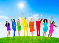 Group of Rainbow Themed Multi-Ethnic People Arms Raised Outdoors