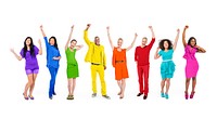 Group of Rainbow Themed Multi-Ethnic People Arms Raised Isolated on White