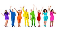 Group of Rainbow Themed Multi-Ethnic People Arms Raised Isolated on White